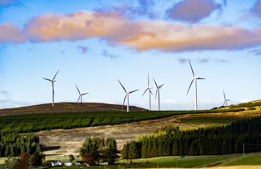 Wind turbines in the hills and fields. UK, Scotland